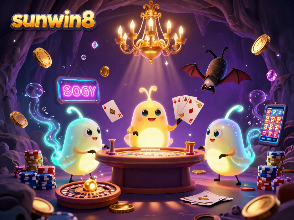 Engage in thrilling games at sunwin8's vibrant 3D casino with glowing characters and dynamic elements.