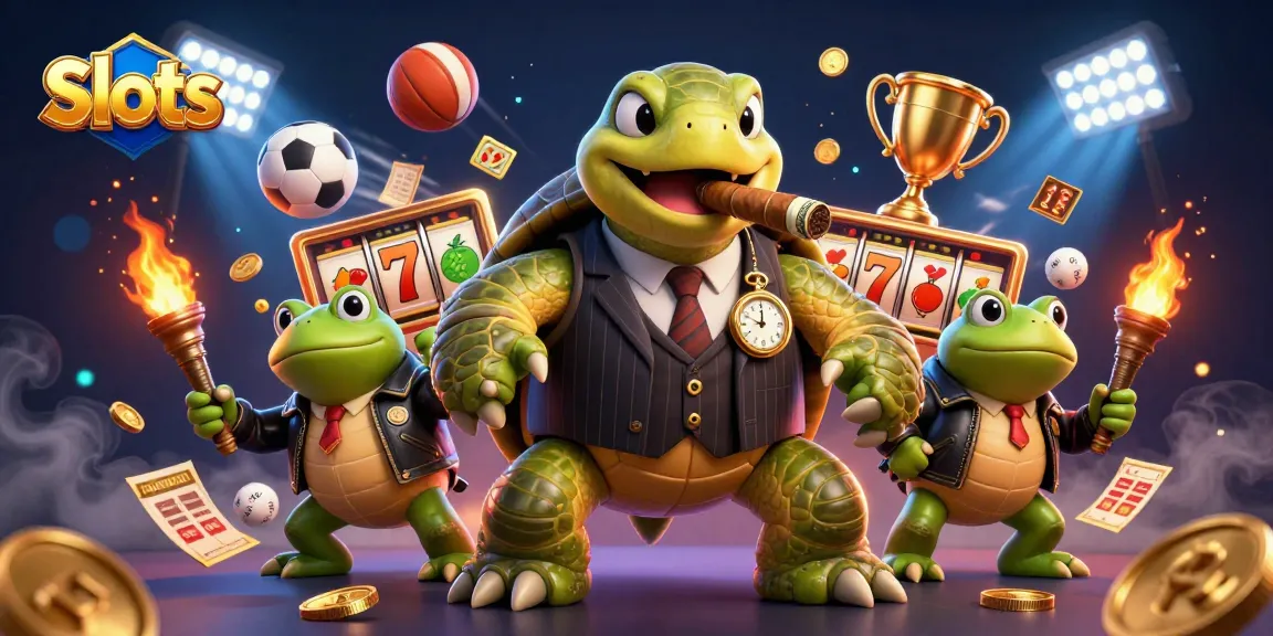 Spin the reels of exciting Slots with a cartoon turtle and bullfrog enforcers in a vibrant casino scene.