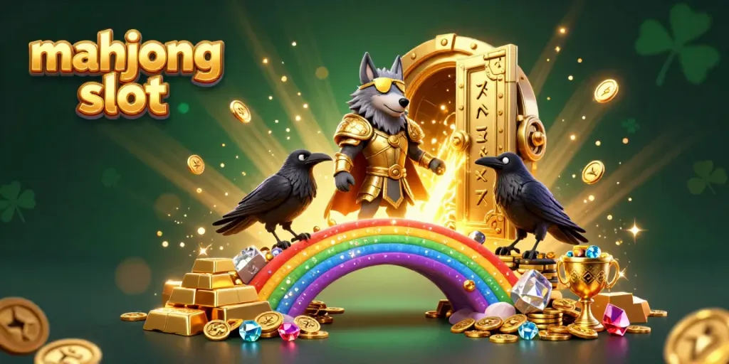 Engage in exciting mahjong slot action with Odin and his ravens amidst treasure and casino chips.