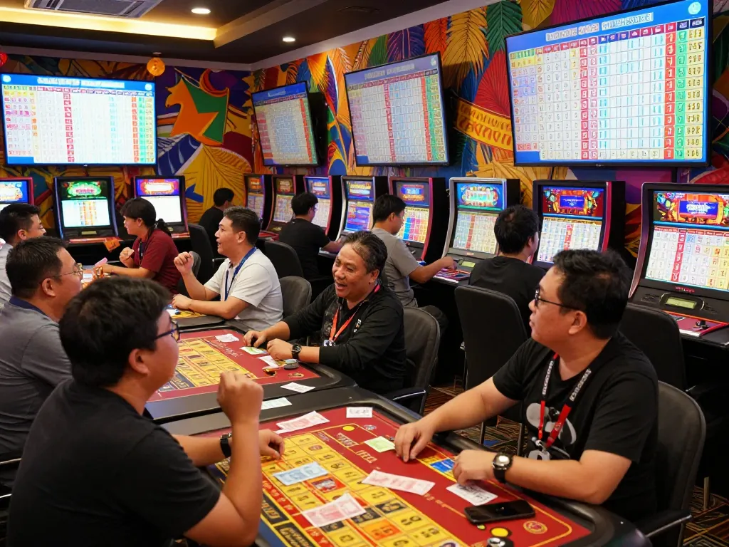 Pemain situs bandar togel singapore hongkong merayakan kemenangan di lounge permainan yang penuh warna dengan hasil undian langsung