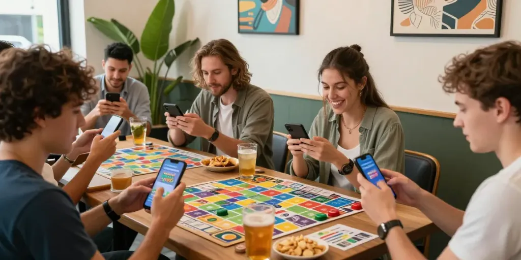 Engaged players enjoying Rumble Rummy on mobile devices in an inviting cafe setting, capturing the game's excitement.