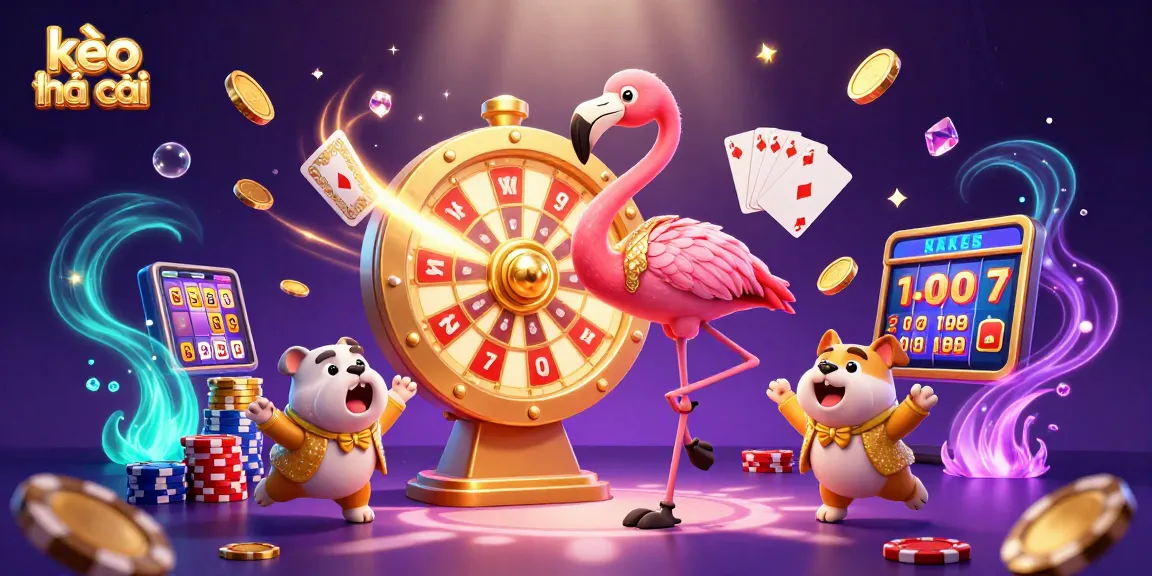 Experience kèo nhà cái excitement with a game show host and bulldog amidst gold coins and dynamic casino elements.