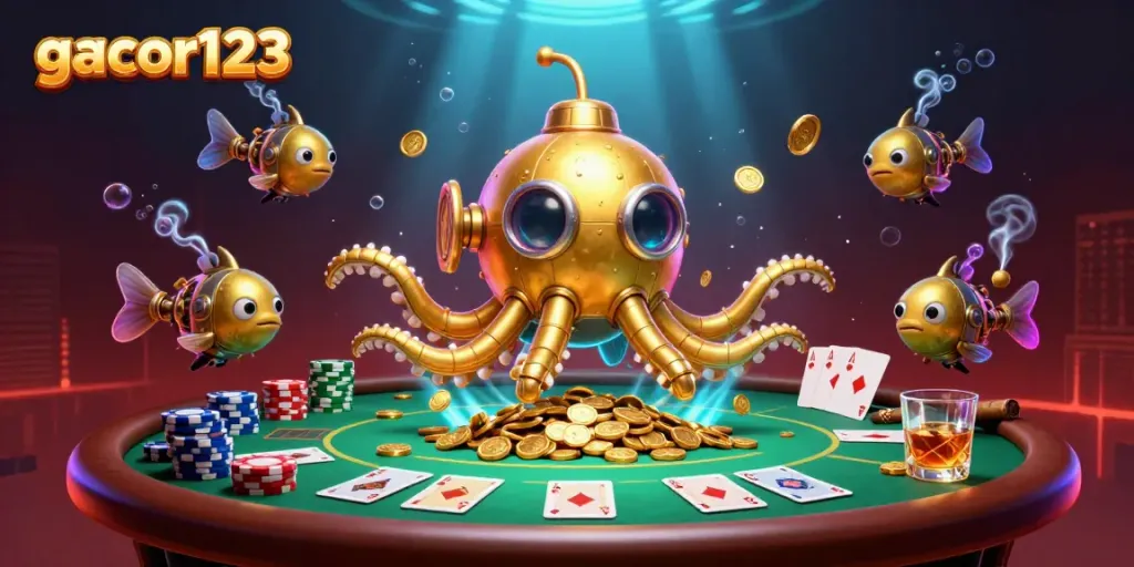 Engage with gacor123's thrilling 3D casino adventure featuring a golden kraken and poker elements.