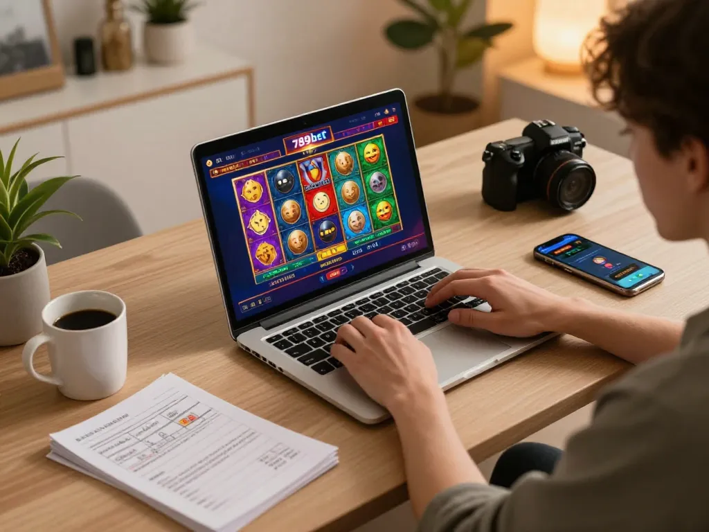Engaging with 789bet casino games on a stylish desk setup featuring vibrant online gaming interface.
