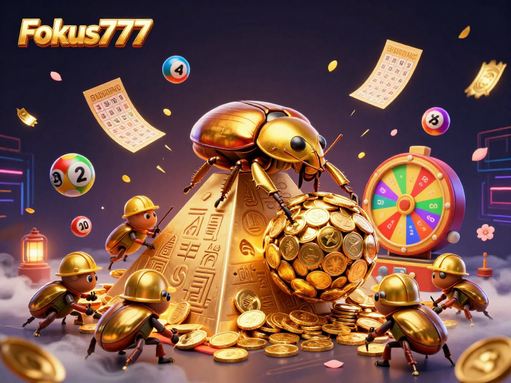 Experience winning moments with Fokus777 as golden beetles roll coins and lottery excitement fills the air.