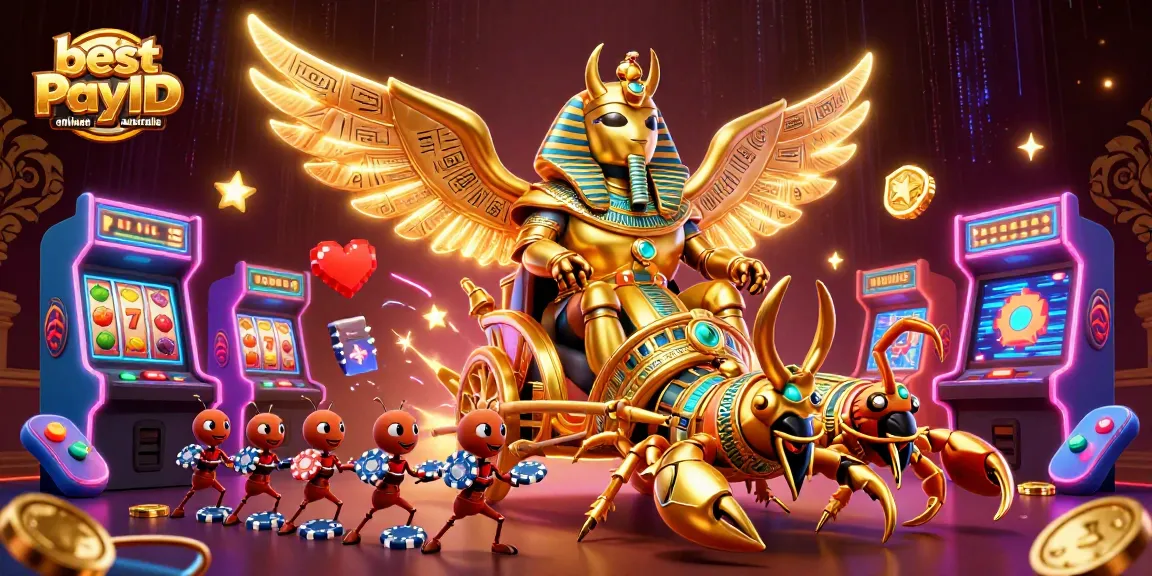 Enjoy the thrill of the best PayID online pokies Australia with golden scarab beetles and vibrant casino elements.