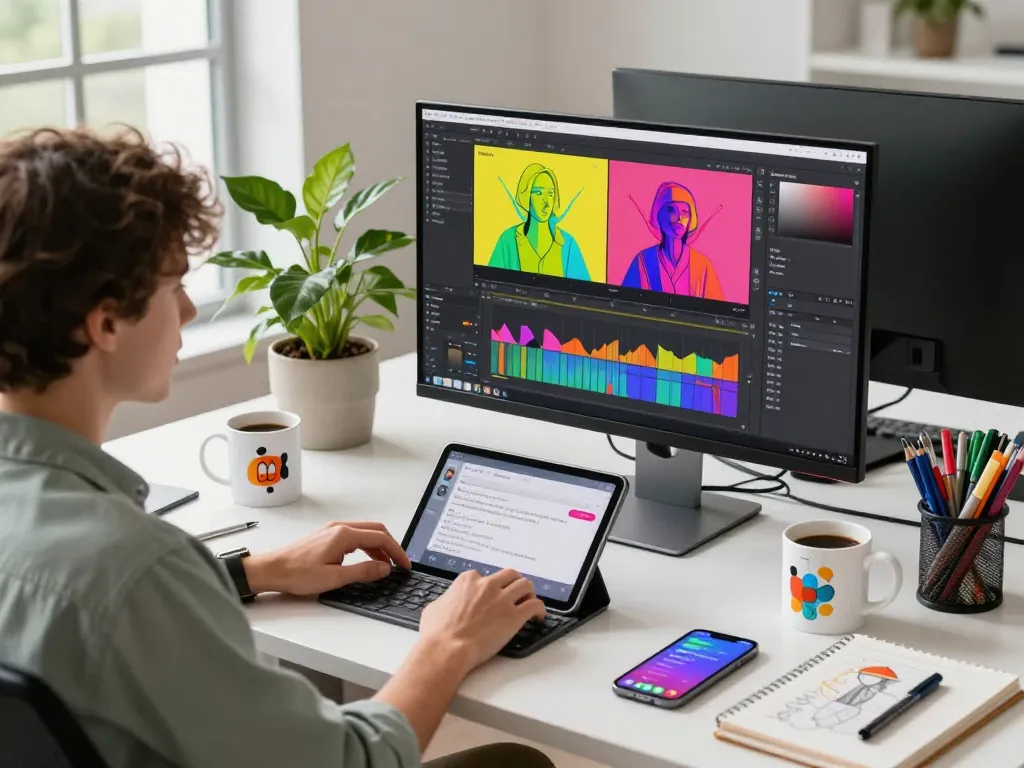 Designer using nano banana 2 in a bright workspace with creative tools and vibrant images.