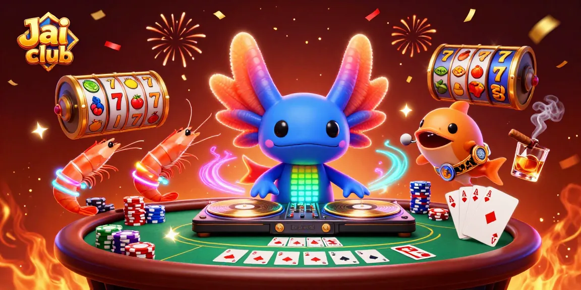 Experience the vibrant Jai club gaming atmosphere with an axolotl DJ and diverse slot symbols.