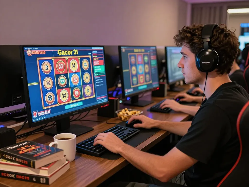 Enjoying link slot gacor while playing online slots at home, showcasing gaming setup and strategy.