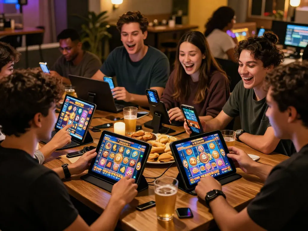 Exciting group of friends enjoying luxury12 slot games online with vibrant atmosphere.