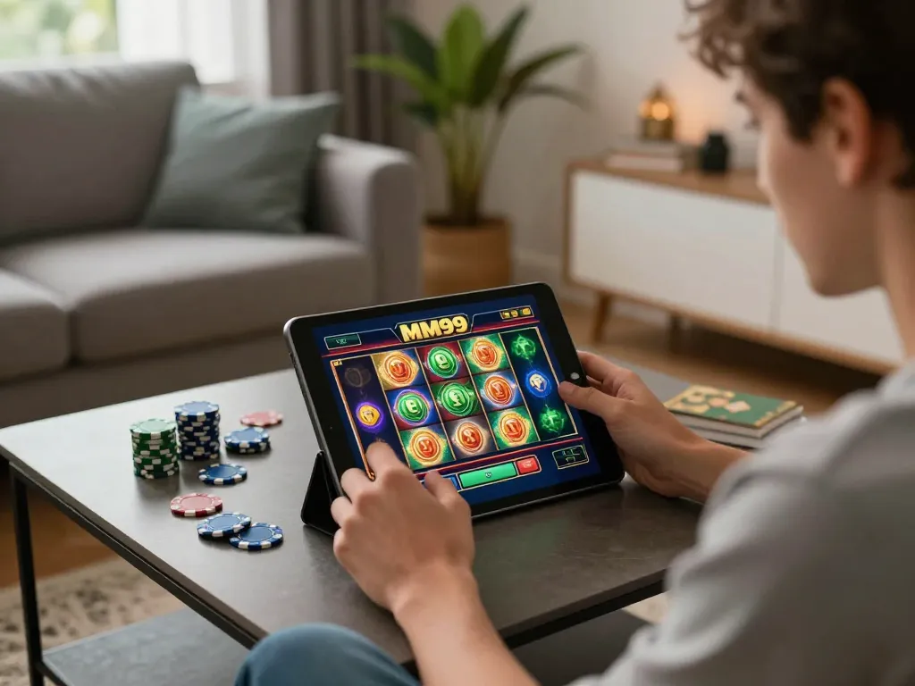 Player enjoying an exciting MM99 Slot game on a tablet in a cozy home setting, showcasing online gambling.