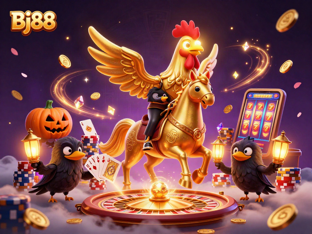 Bj88 captivates players with a golden rooster riding through a vibrant gaming casino, surrounded by sparkling riches.