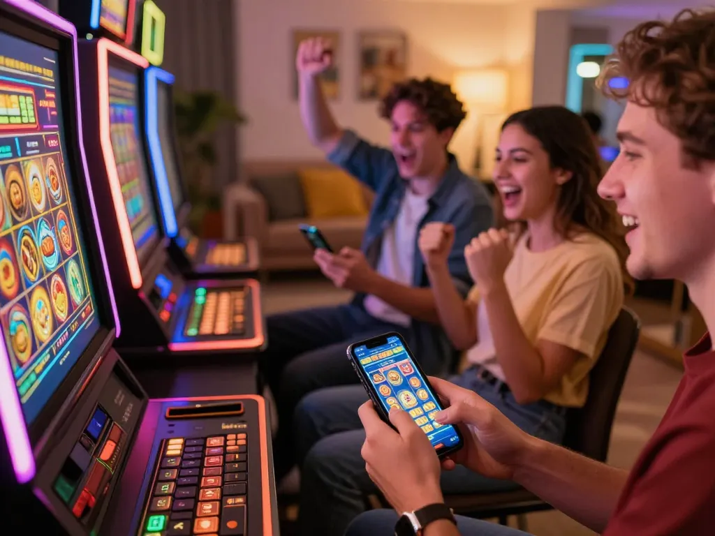 Engaging gameplay at a situs gacor showcasing friends winning on mobile slots, vibrant home atmosphere.