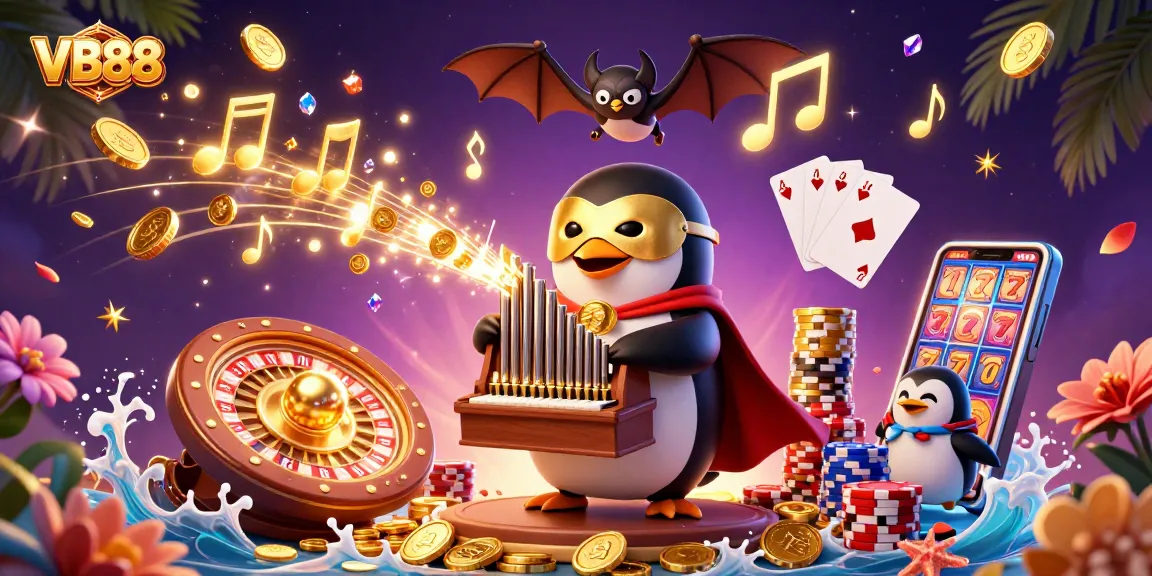VB88 brings excitement as a penguin plays an organ shooting golden coins in a vibrant casino scene.
