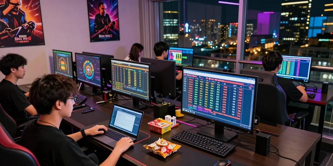 Situs Toto 4D players strategizing in a vibrant online gaming space with screens displaying betting data.