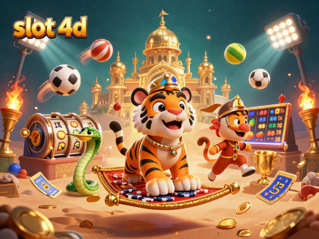 Menggandakan kemenangan slot 4D dengan simbol keberuntungan dan simbol jackpot dalam ilustrasi 3D yang dinamis.