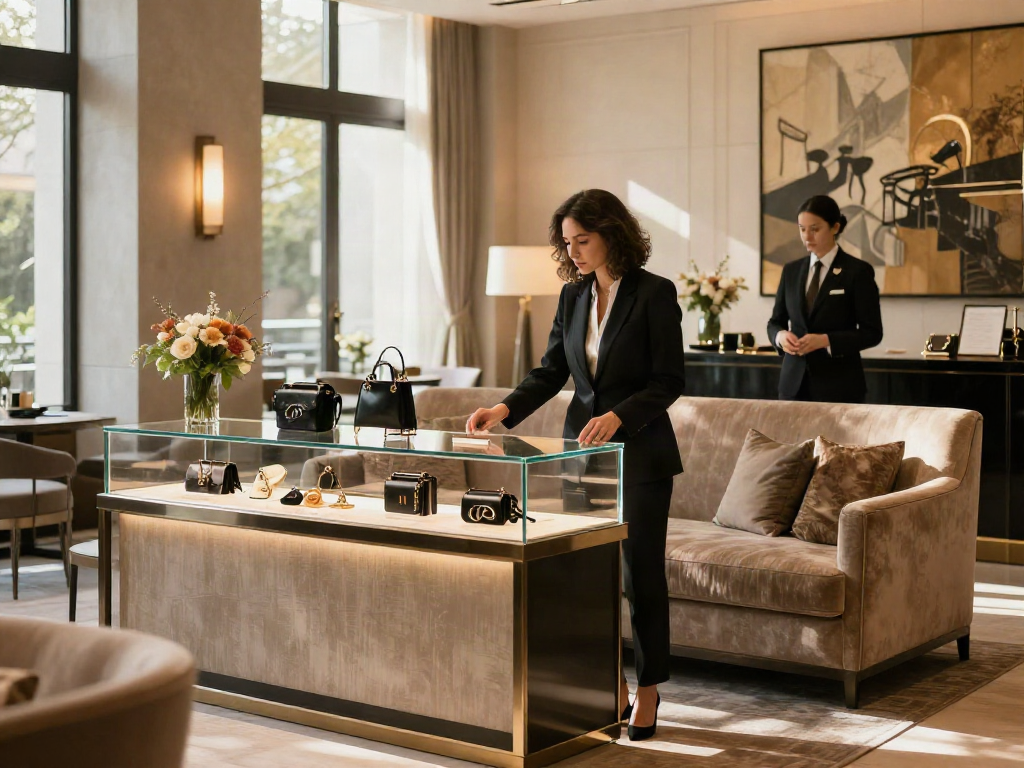 Hotel mewah dengan aksesori luxury111 yang dipajang di etalase, suasana mewah dan elegan.