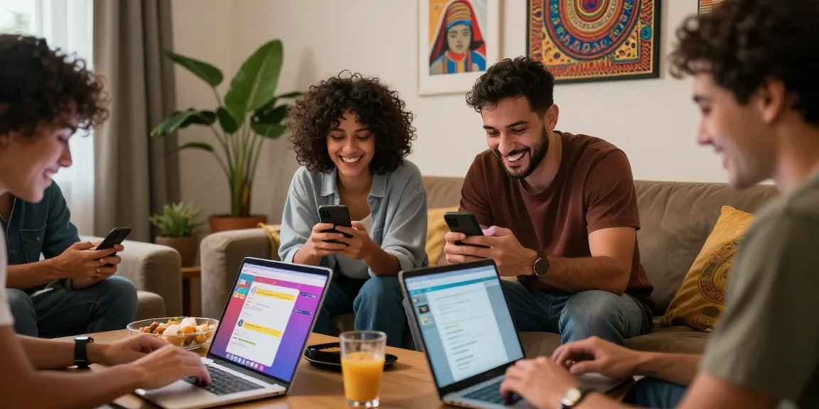 Engaging شات عربي experience with friends chatting in a cozy living room.