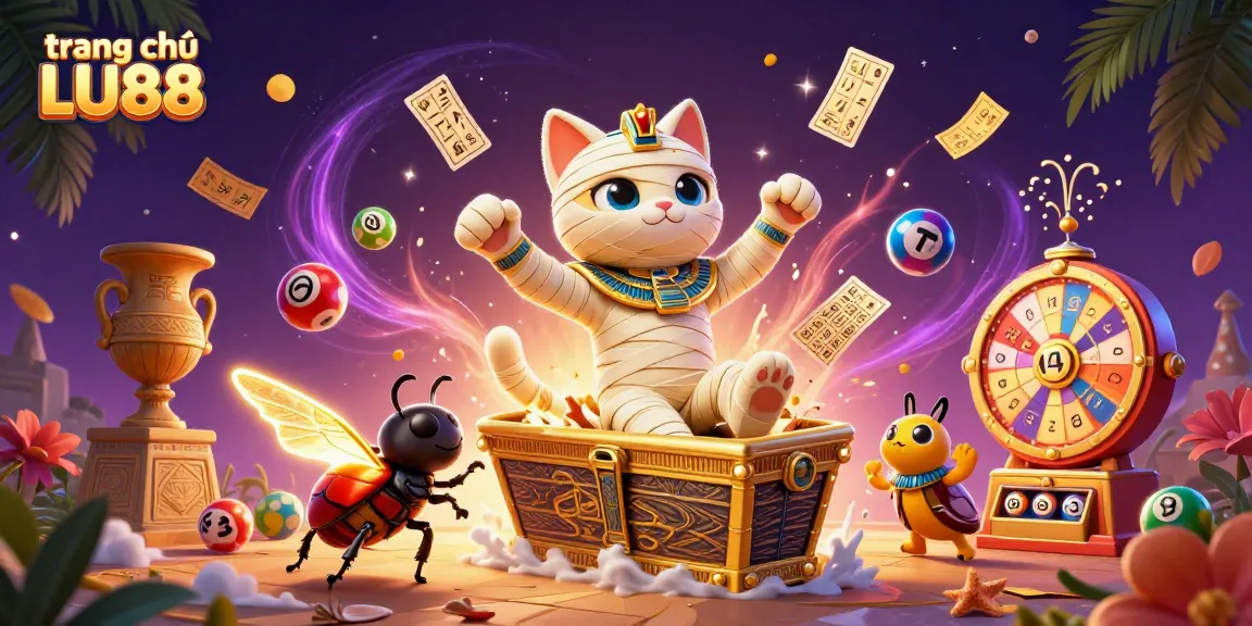 Experience the excitement of trang chủ LU88 with an engaging 3D illustration featuring a mummy cat in a vibrant casino.