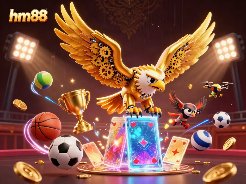 Experience the excitement of hm88 with a dynamic illustration of a cybernetic eagle amidst vibrant betting elements and sports.