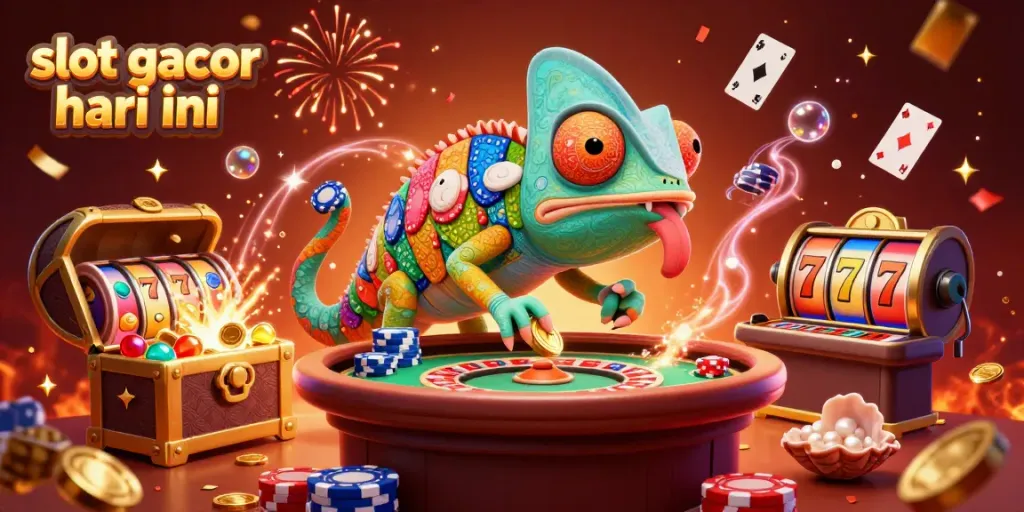 Ilustrasi 3D menunjukkan chameleon kasino berwarna agar tampil slot gacor hari ini dengan berbagai simbol dan efek meriah.