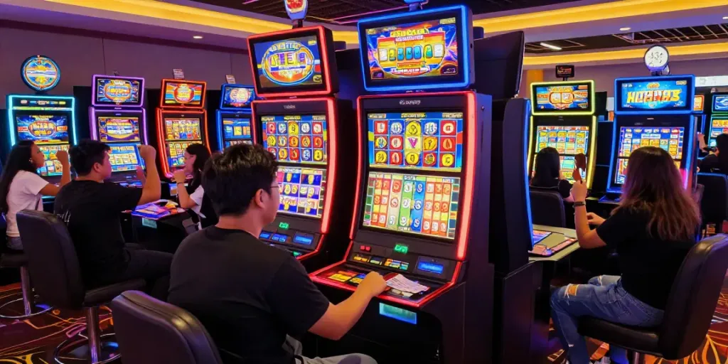 Exciting players celebrating wins at colorful slot gacor machines in a vibrant casino atmosphere.