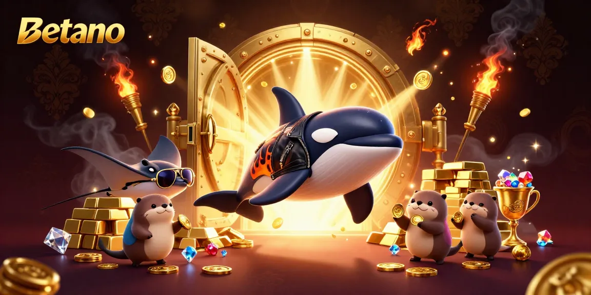 Betano's thrilling adventure with a cartoon orca, stingray, and otters amidst golden treasures.