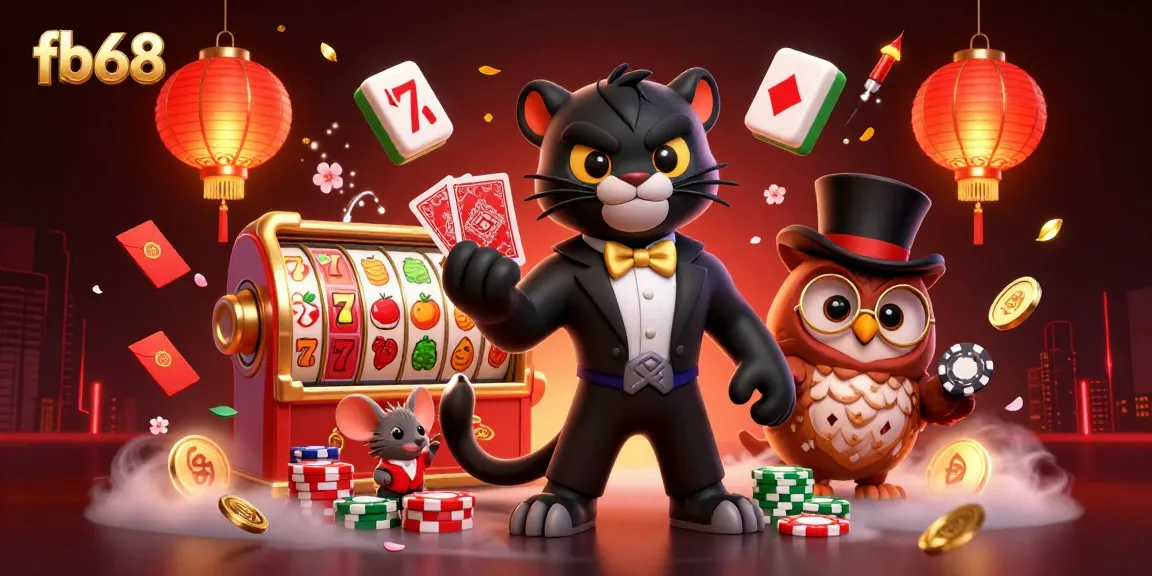 Engage with fb68 as a stylish panther deals cards at a vibrant casino scene filled with lucky symbols.