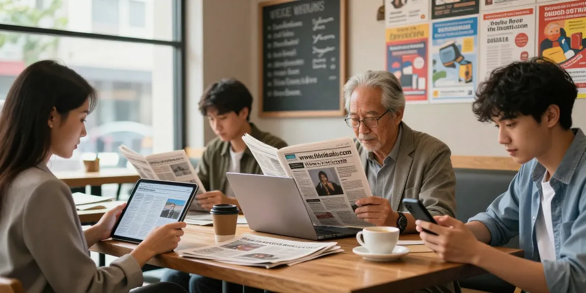 Readers actively engaging with news articles from https://www.theindaily.com in a cozy café, showcasing diverse news consumption.