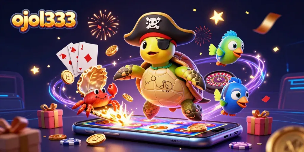 Experience thrilling wins with ojol333 in a vibrant 3D casino scene featuring animated characters and games.
