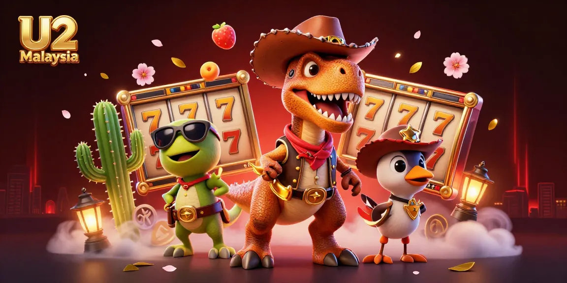 Experience fun at U2 Malaysia with a lively T-Rex and friends amidst dynamic casino gaming elements.