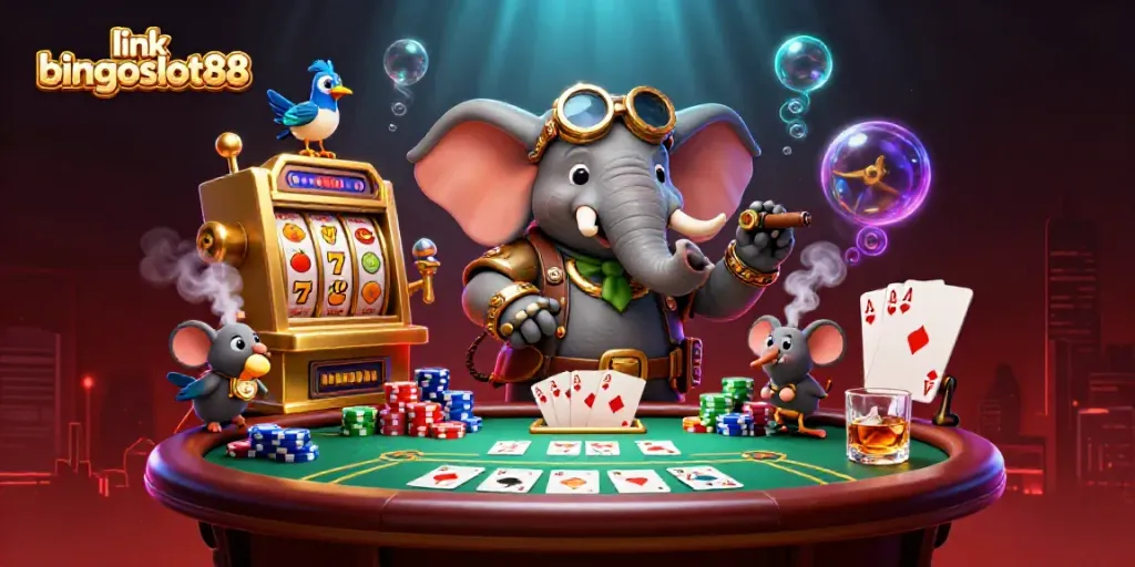 Gambarkan aksi menarik di link bingoslot88 dengan mesin slot emas di tengah elemen permainan kasino.