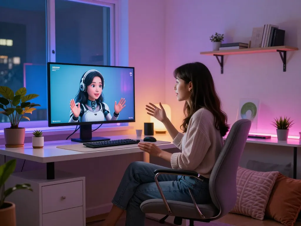 Engaging nsfw chat scene with a woman interacting with a lifelike AI character in a stylish home office.