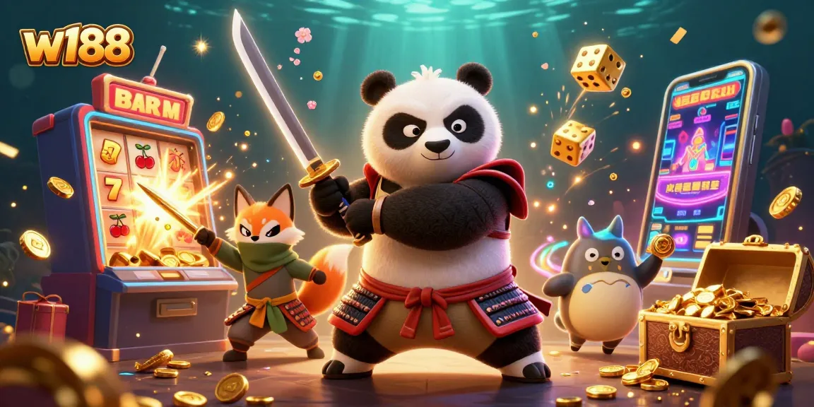 w188 delivers thrilling moments with a panda samurai and ninja fox celebrating jackpot wins.