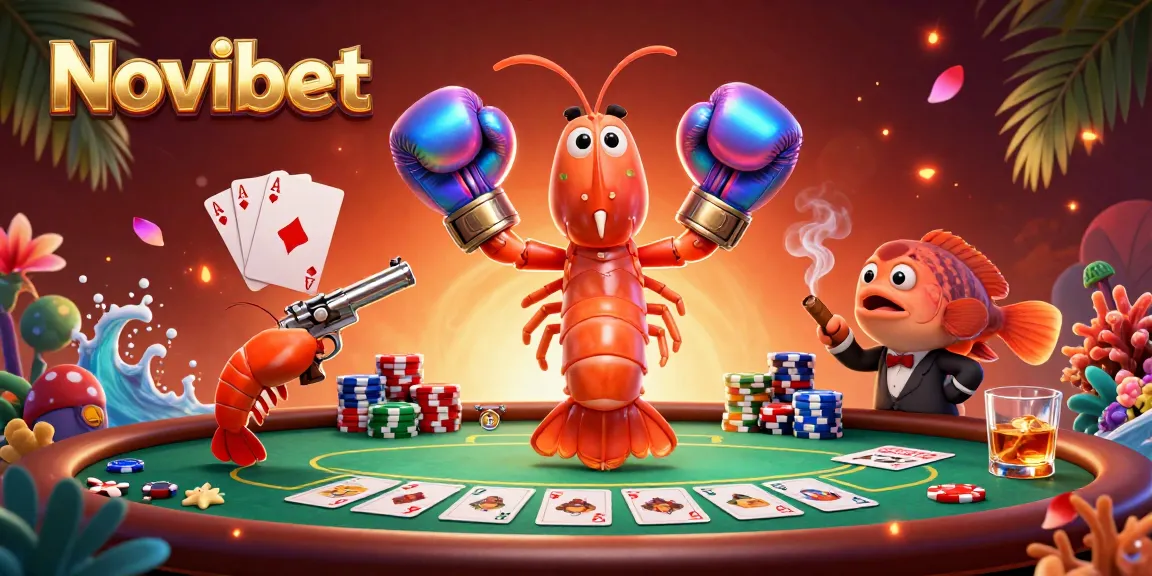 Novibet poker showdown with a mantis shrimp and sidekick, surrounded by vibrant gambling elements.