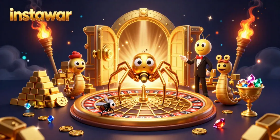 instawar's golden spider spins a roulette-themed web while surrounded by treasure and vibrant gems.