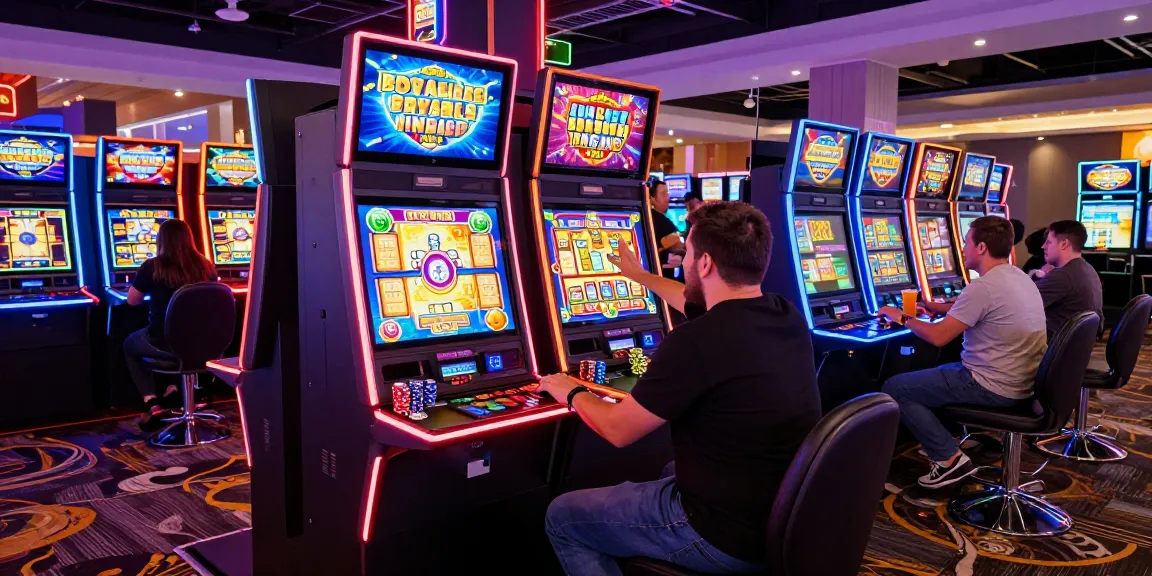 Players enjoying bonus buy slots in a lively casino environment with vibrant lights and engaging gameplay.