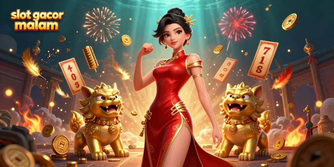 Experience thrilling wins with slot gacor malam, featuring a glamorous woman with golden foo dog guardians.