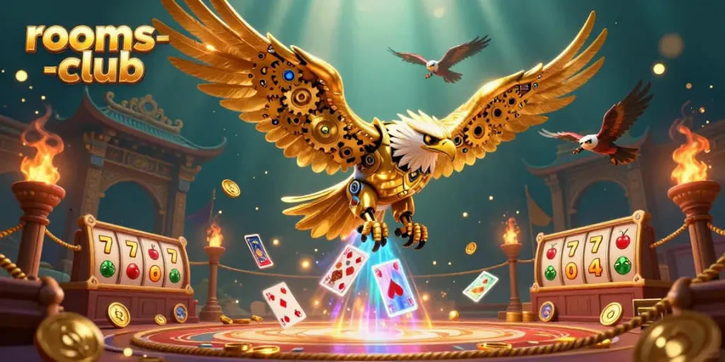Ilustrasi 3D detail tinggi menggambarkan karakter "rooms-club" dalam aksi menangkap kartu holografik