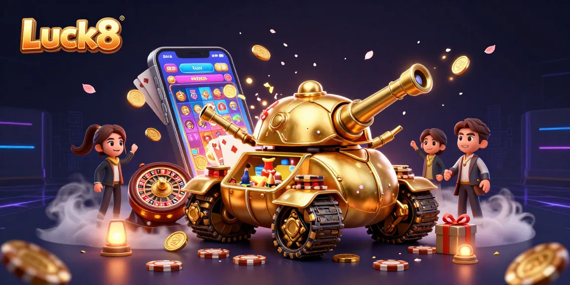 Experience the thrill of Luck8 with vibrant casino elements and 3D illustration of a massive beetle tank.