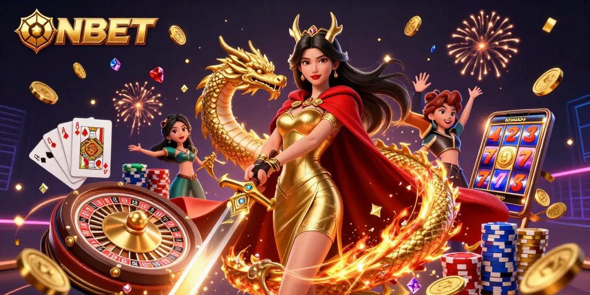 Engage in thrilling bets at ONBET with vibrant casino elements and majestic warrior queen.