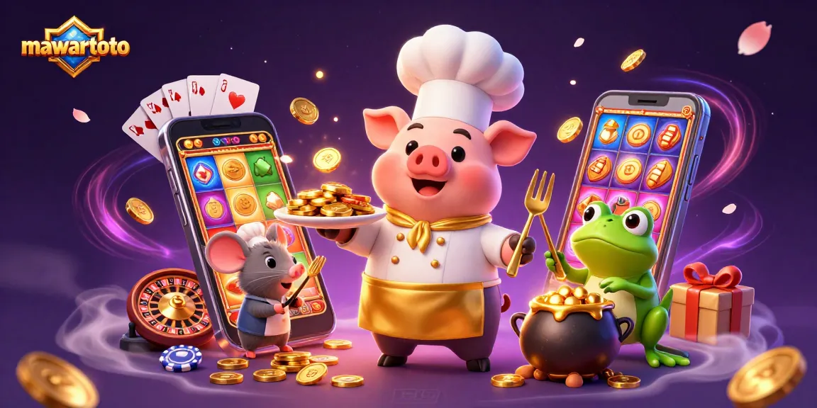 Mawartoto menghadirkan chef babi 3D yang menyajikan koin emas sebagai gourmet, dikelilingi elemen kasino.