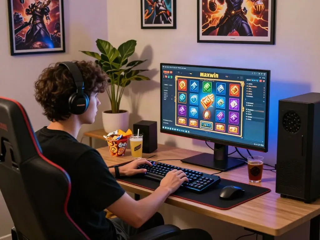 Focused player enjoying a thrilling slot maxwin game setup at home with vibrant visuals.