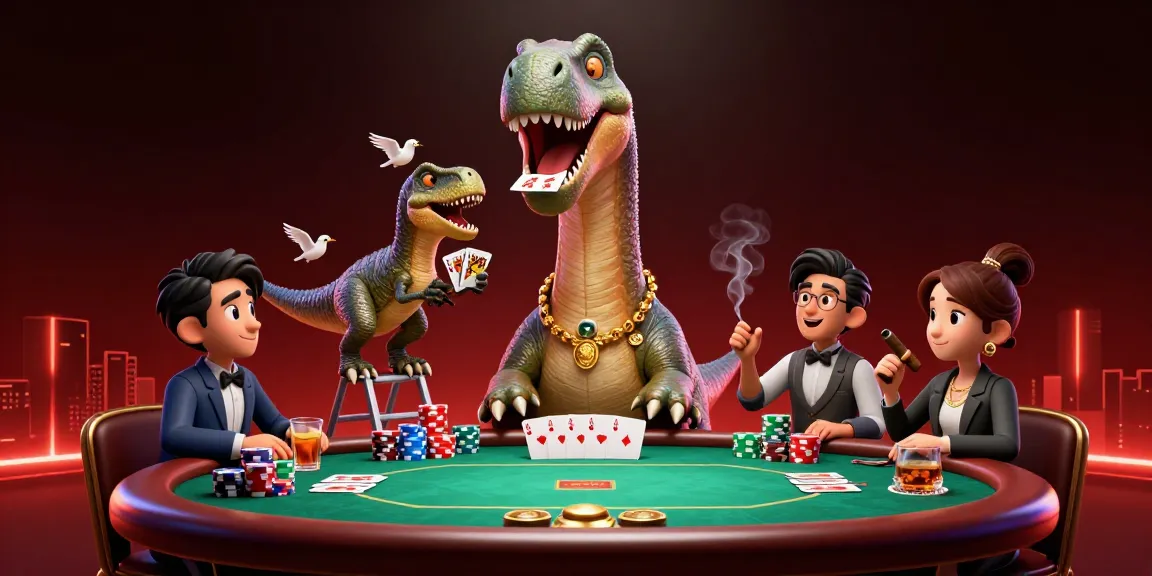 MM88 players experience thrilling poker action with a giant brontosaurus dealer and vibrant casino atmosphere.