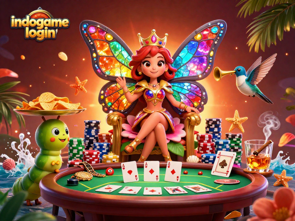 Experience the excitement of indogame login with a vibrant casino scene featuring a butterfly queen and dynamic poker elements.