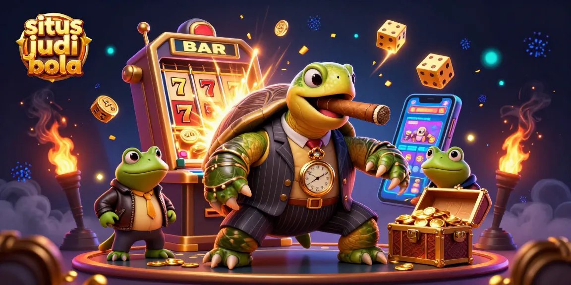 Experience the excitement at situs judi bola with a dynamic casino scene featuring a snapping turtle in a mobster suit.