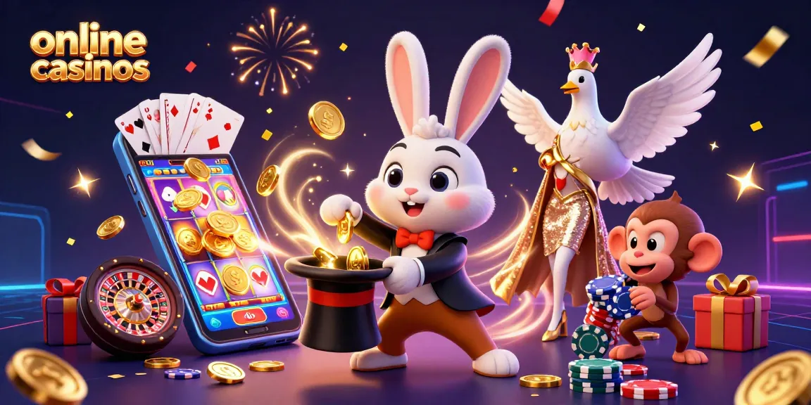 Experience thrilling online casinos with a dynamic illustration of a magician bunny, slots, and poker chips.