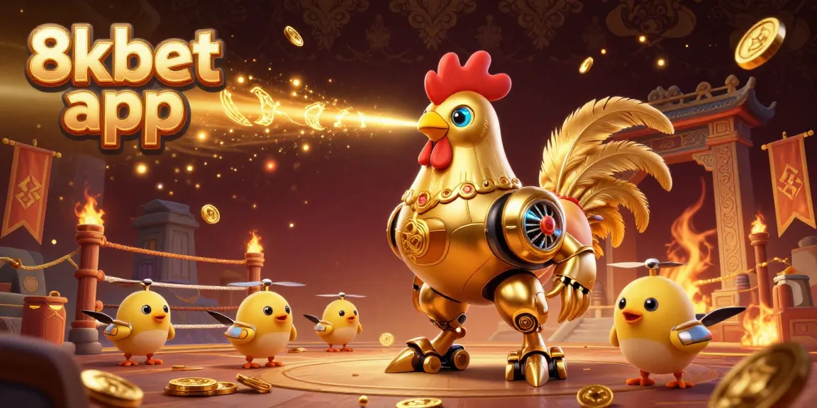 Experience thrilling action with the 8xbet app, featuring dynamic 3D visuals of the golden rooster robot and baby chick drones in an interactive scene.