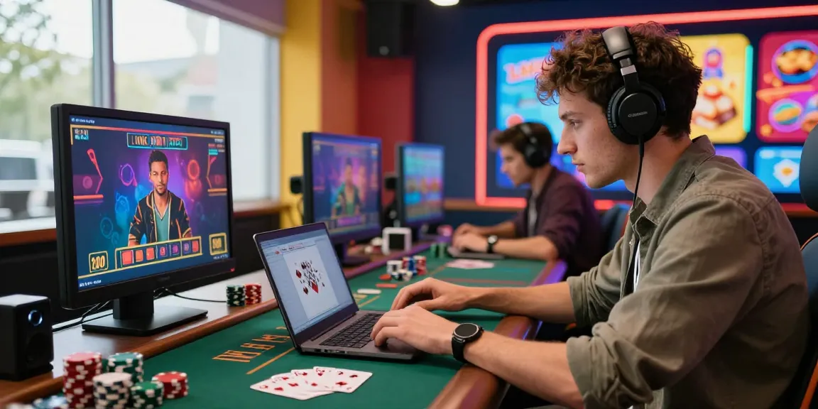 Gameplay terjun4d di kasino online, pemain terfokus dengan laptop dan dealer langsung di ruangan cerah.