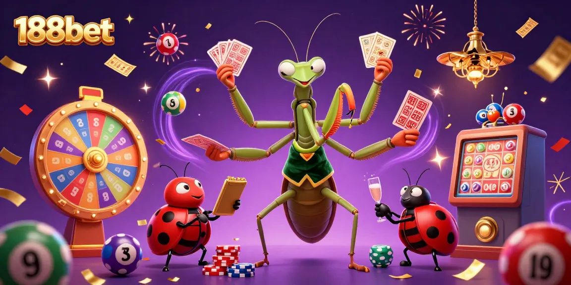 Experience top-tier games at 188bet with vibrant gaming elements in a festive casino setting.